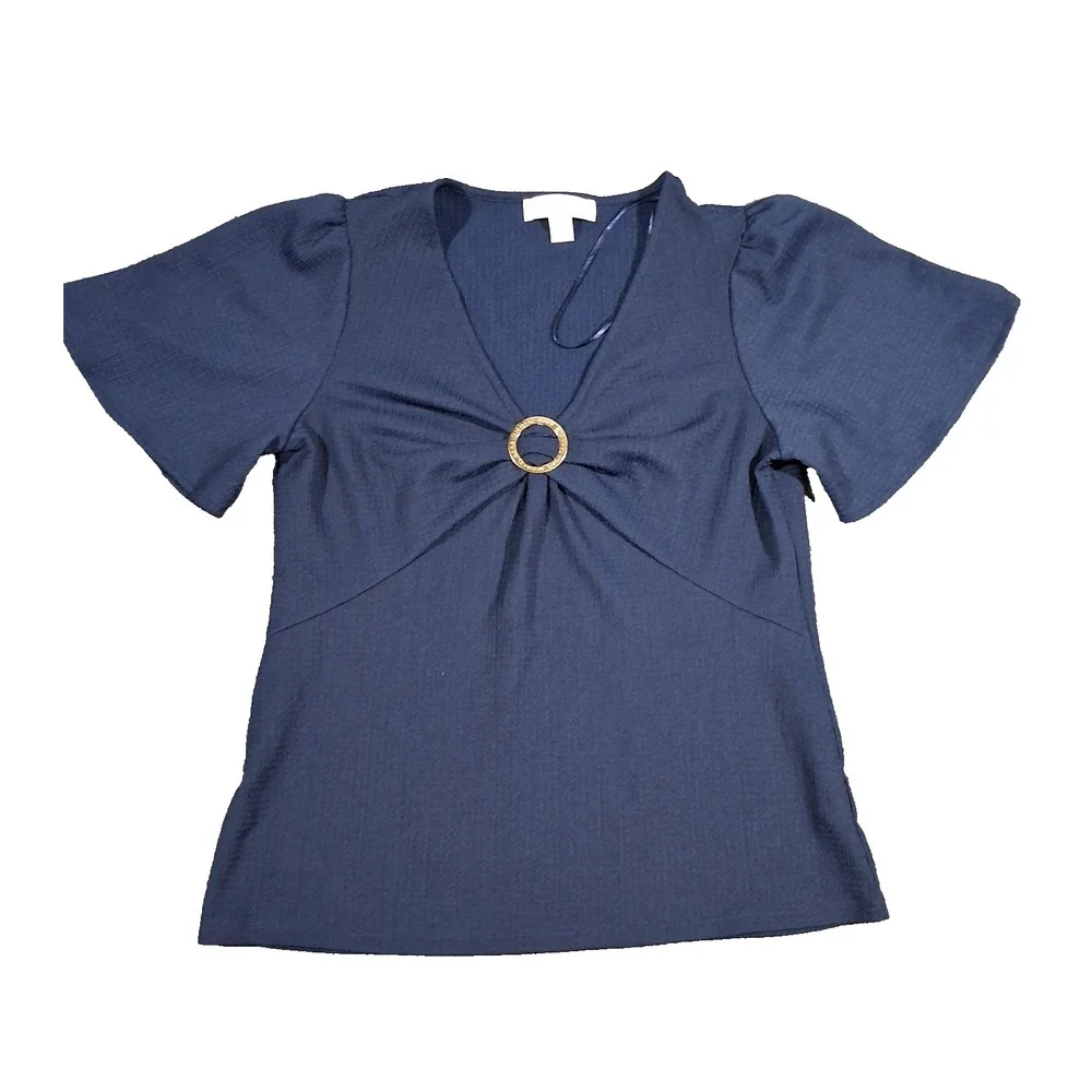 Michael Kors Navy Blue V-Neck‎ Flutter Sleeve Ring Top Womens Small MS150772C9